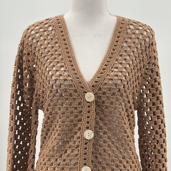 LPA Lanita Open Crochet Cotton Mini Dress/Cover Up in Tan & Ivory - Size Small - Picture 3 of 7